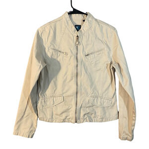 French Cuff Beige Cotton Mandarin Neck Jacket Women Fitted Full Zip Casual Sz M